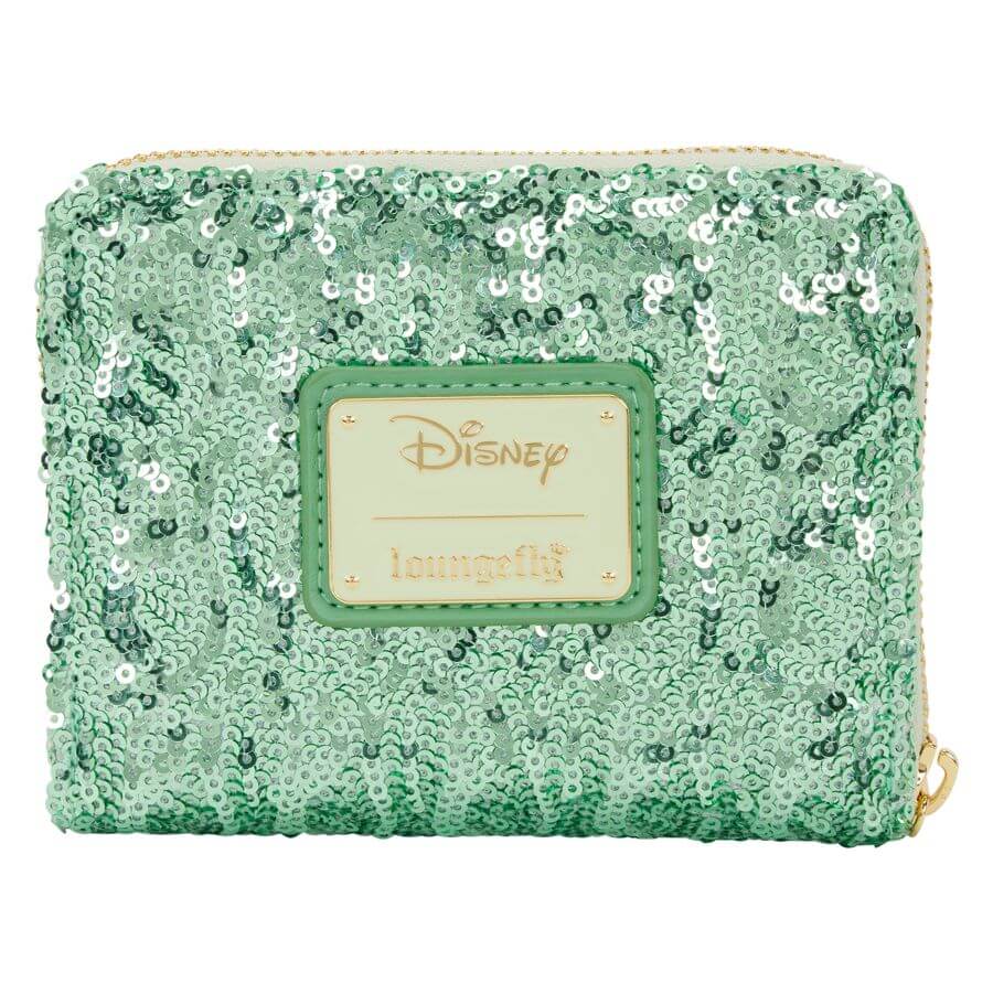Disney Tinker Bell holiday wallet with green sequins and metal charm design.