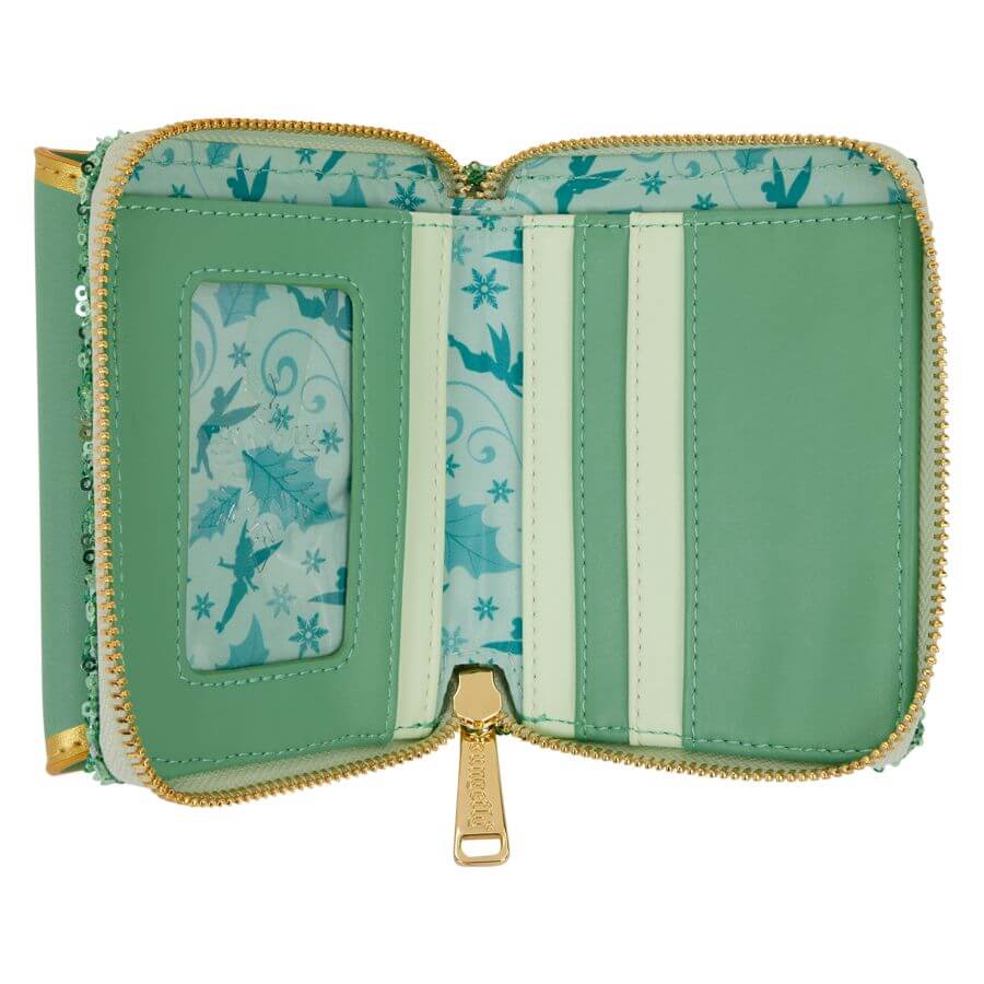 Tinker Bell holiday wallet open view showcasing inner card slots and ID slot with festive design.