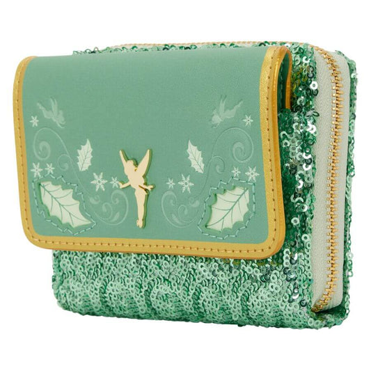 Tinker Bell holiday wallet with sequins, metal charm, and leaf designs, perfect for Disney fans.