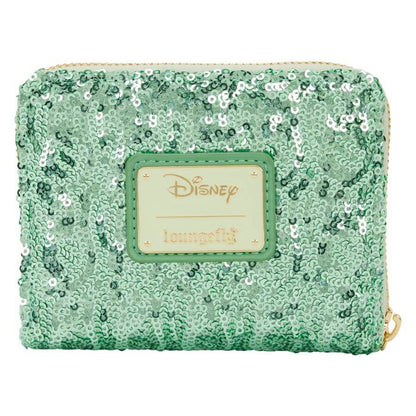 Disney Tinker Bell holiday wallet with green sequins and metal charm design.