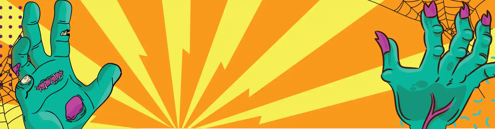 Green zombie hand plush toy with purple nails and spiderweb design.