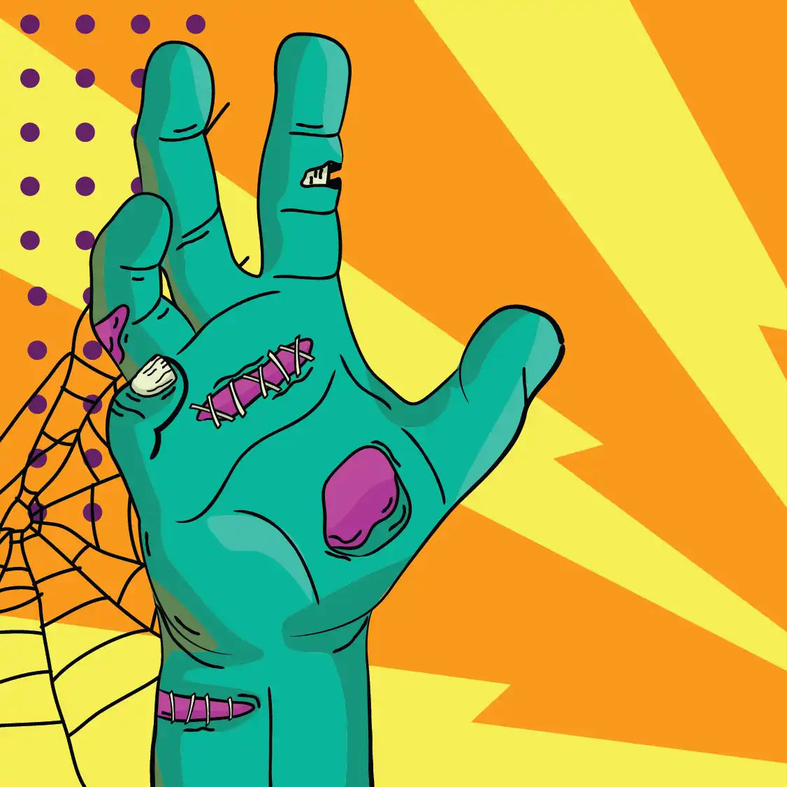 Green zombie hand with purple nails and teeth, cartoon style.