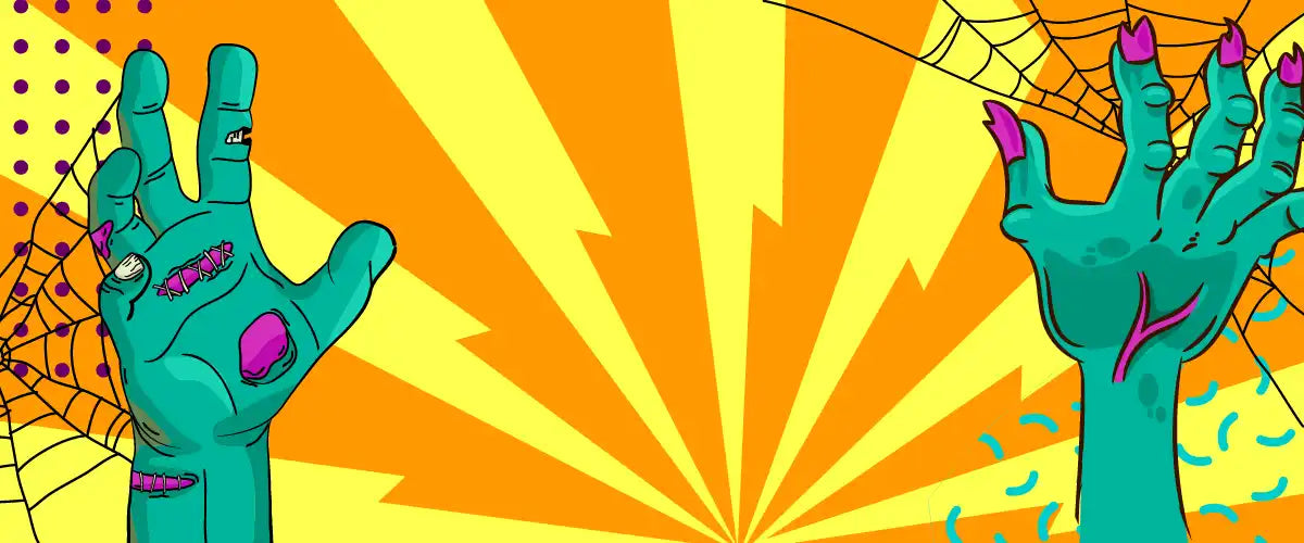 Green zombie hand toy with purple nails and spiderweb design.