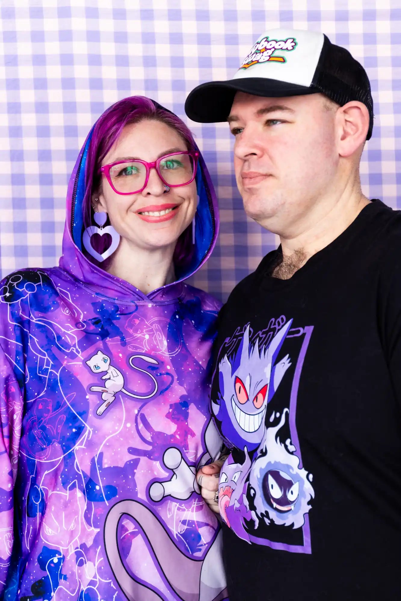 Purple and pink tie-dye hoodie with ghost design, gengar