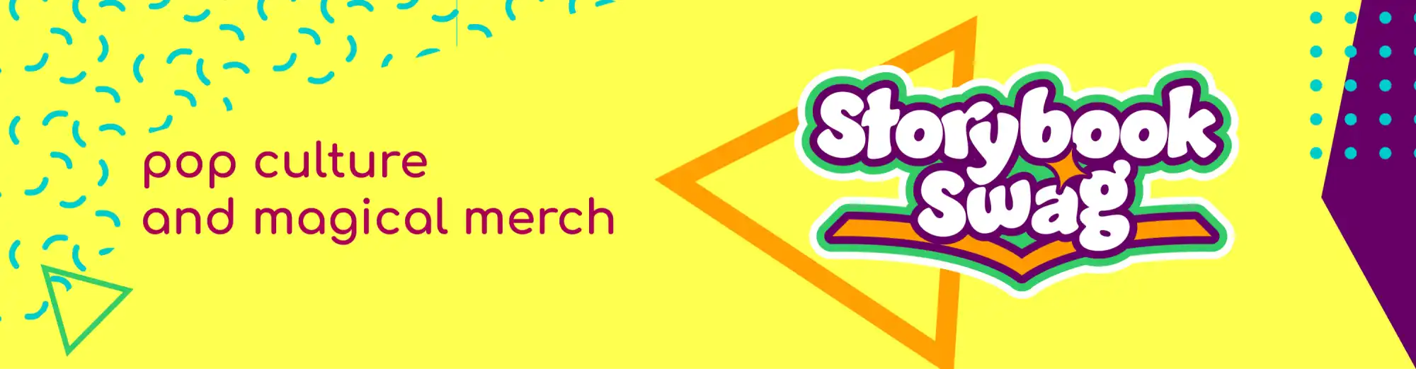 Storybook swag pop culture and magical merchandise banner.
